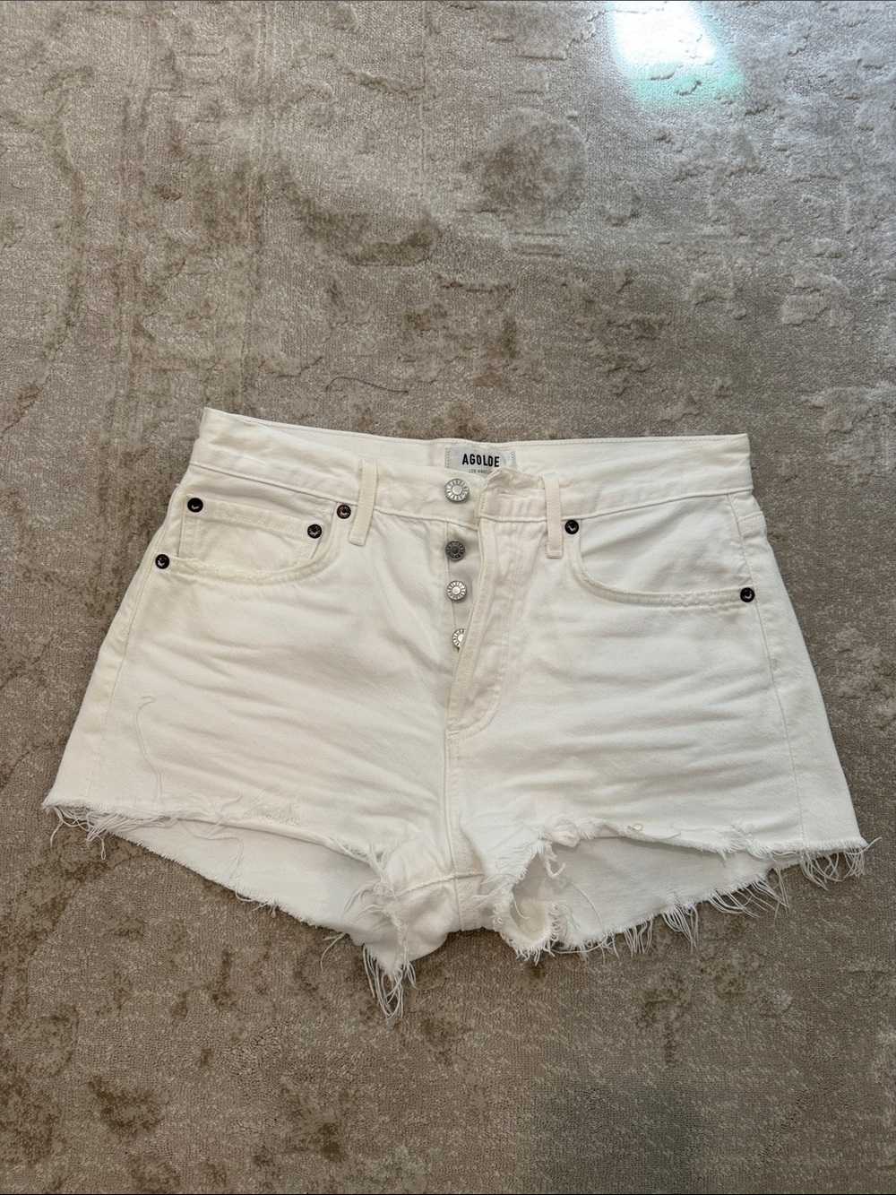 Agolde White Button-Front Distressed Denim Shorts